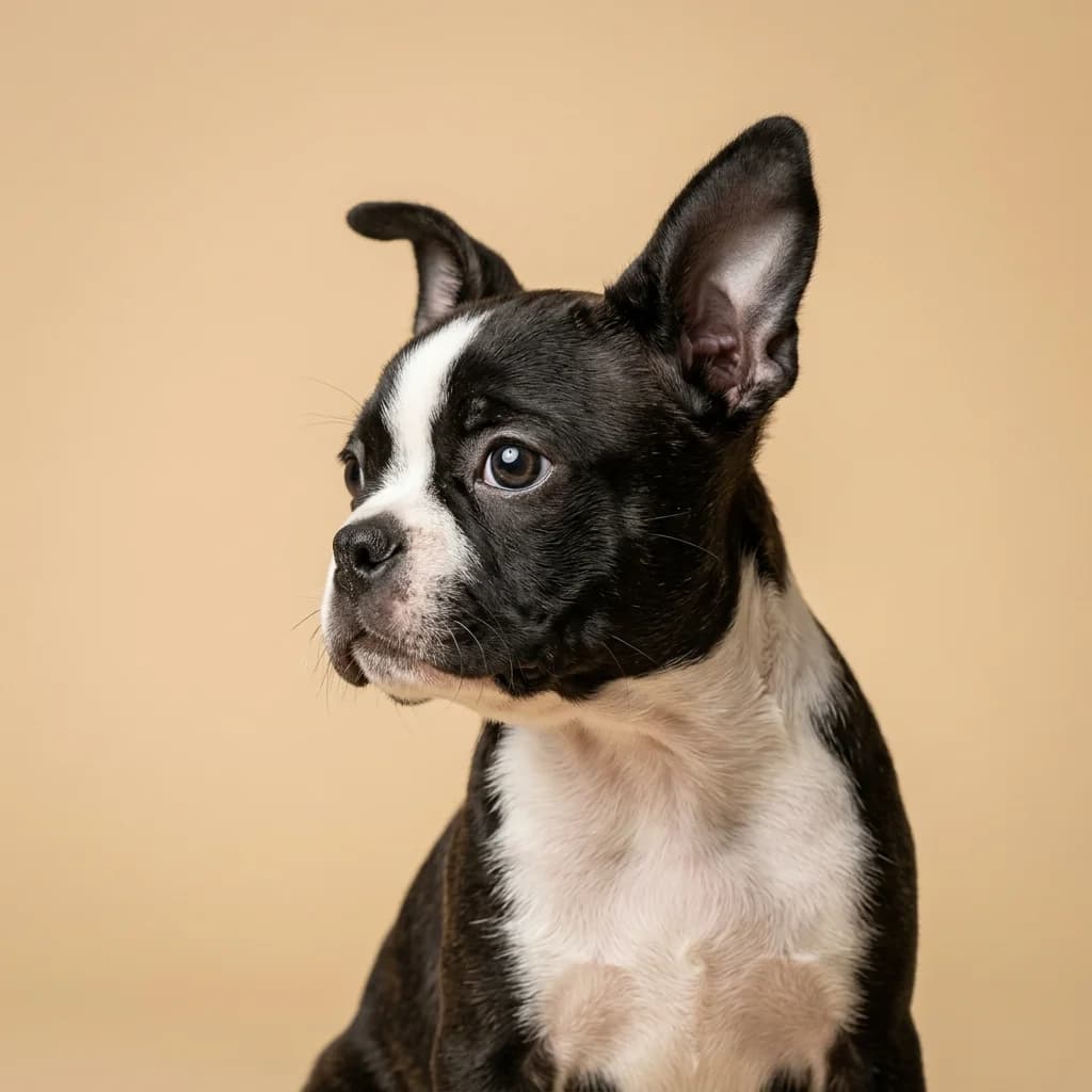 Boston Terrier puppy looking curiously to the side